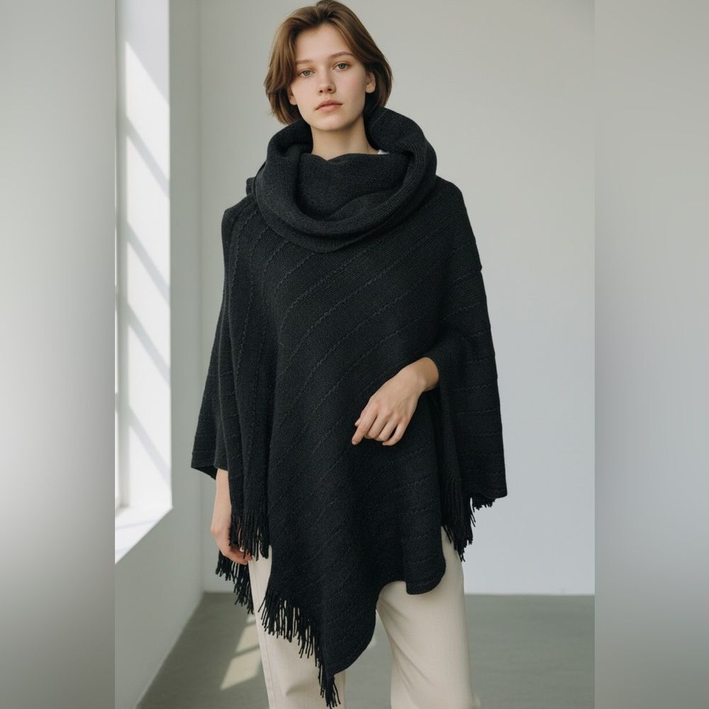 BCBGMaxAzria Black Fringe Poncho NWT
